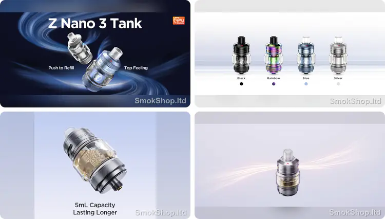 Geekvape Z Nano 3 Tank 5ml - tank tasarımı, renk seçenekleri, 5ml likit kapasitesi ve üstten hava akışı