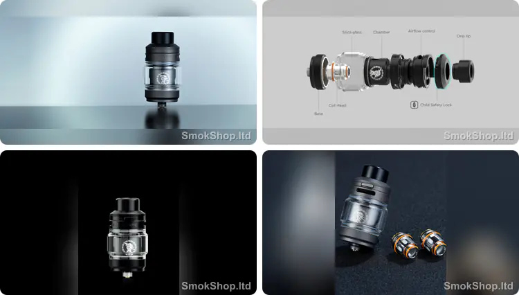 Geek Vape Z Sub-Ohm SE Tank - tank görünümü, parça şeması ve çocuk kilidi, siyah tank ve iki Z Series coil