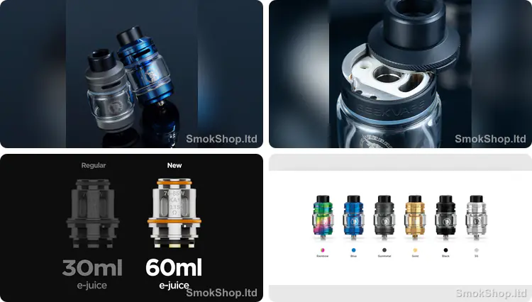 Geek Vape Z Sub-Ohm SE Tank - gunmetal ve mavi tank, üstten dolum girişi, 60 ml ömürlü Z coil ve renk seçenekleri