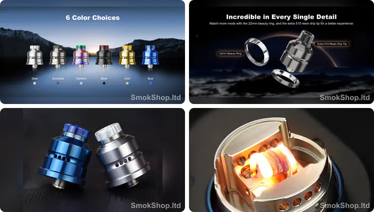 Hellvape Dead Rabbit Mini RDA - 6 renk seçeneği, 22 mm dekoratif halka ve ekstra 510 reçine drip tip, mavi ve çelik renk görünümü ve coil kurulumu