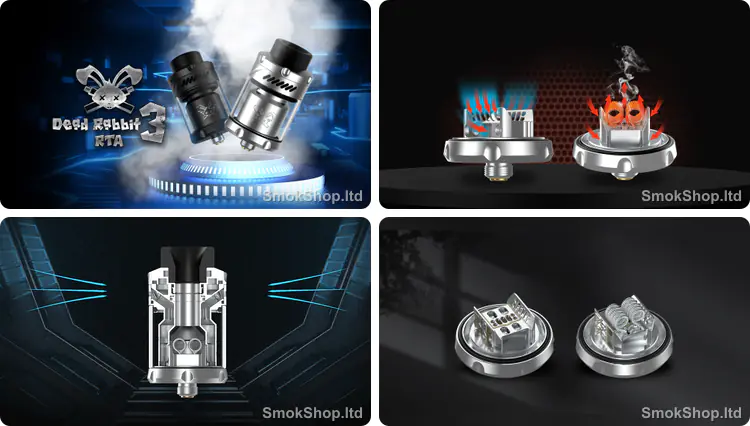 Hellvape Dead Rabbit V3 RTA - tasarım, petek ve oluklu hava akışı, üstten alta hava akışı ve postless build platformu