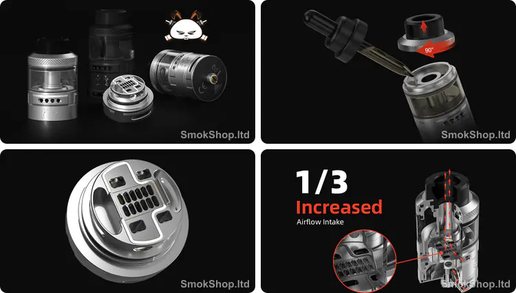 Hellvape Fat Rabbit RTA 28 mm - atomizer tasarımı, çeyrek tur üstten dolum, postless build platformu ve artırılmış hava girişi