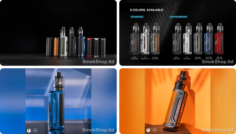 Lost Vape Thelema Solo 100W - gerçek deri ve karbon fiber kaplama, 8 renk seçeneği ve farklı renklerde kullanım görünümü