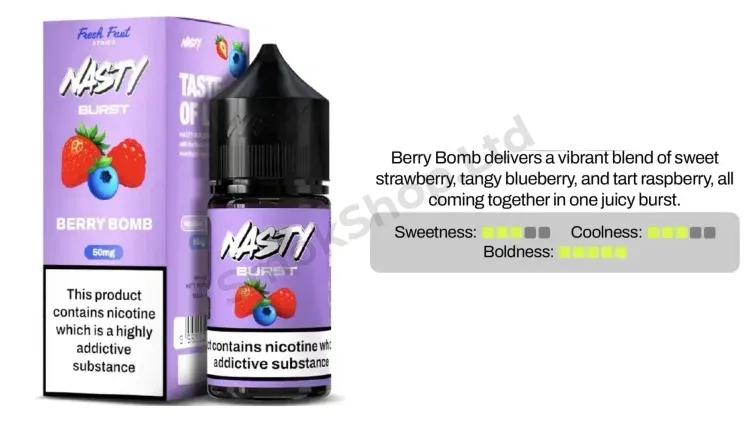 Nasty Burst Berry Bomb Salt Likit 30ml kutusu ve şişesi, çilek yaban mersini ve ahududu aroma kartı