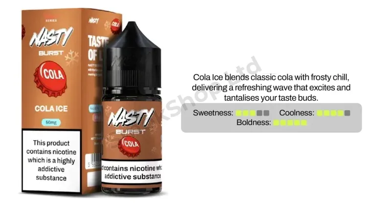 Nasty Burst Cola Ice Salt Likit 30ml kutusu ve şişesi, kola ve buz aroma kartı