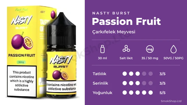 Nasty Burst Passion Fruit Salt Likit 30ml özellikleri: 30 ml salt likit, 50VG/50PG, tatlılık, serinlik ve yoğunluk puanları