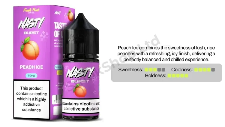 Nasty Burst Peach Ice Salt Likit 30ml kutusu ve şişesi, şeftali ve buz aroma kartı