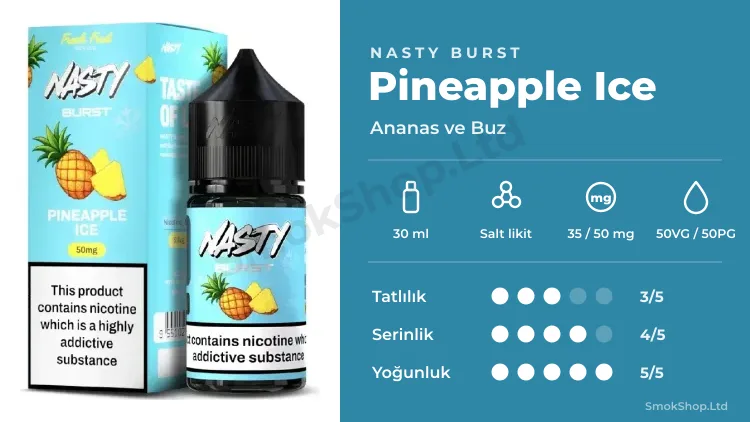 Nasty Burst Pineapple Ice Salt Likit 30ml özellikleri: 30 ml salt likit, 50VG/50PG, tatlılık, serinlik ve yoğunluk puanları