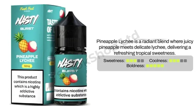 Nasty Burst Pineapple Lychee Salt Likit 30ml kutusu ve şişesi, ananas ve liçi aroma kartı
