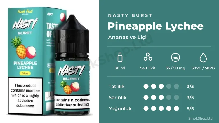 Nasty Burst Pineapple Lychee Salt Likit 30ml özellikleri: 30 ml salt likit, 50VG/50PG, tatlılık, serinlik ve yoğunluk puanları