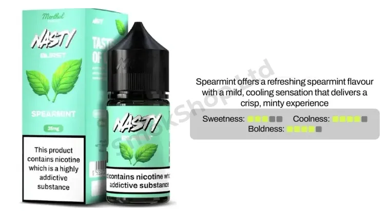 Nasty Burst Spearmint Salt Likit 30ml kutusu ve şişesi, yeşil nane aroma kartı