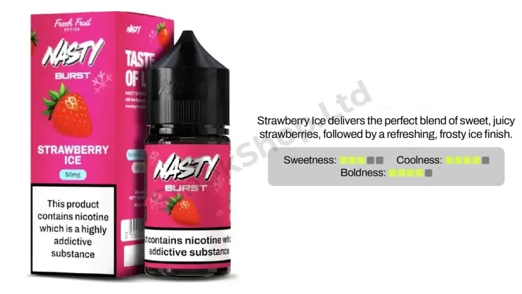 Nasty Burst Strawberry Ice Salt Likit 30ml kutusu ve şişesi, çilek ve buz aroma kartı