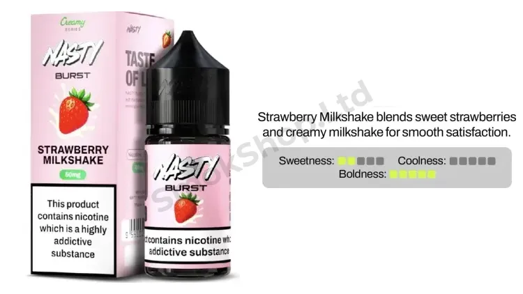 Nasty Burst Strawberry Milkshake Salt Likit 30ml kutusu ve şişesi, çilekli milkshake aroma kartı