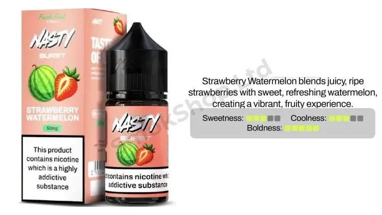 Nasty Burst Strawberry Watermelon Salt Likit 30ml kutusu ve şişesi, çilek ve karpuz aroma kartı