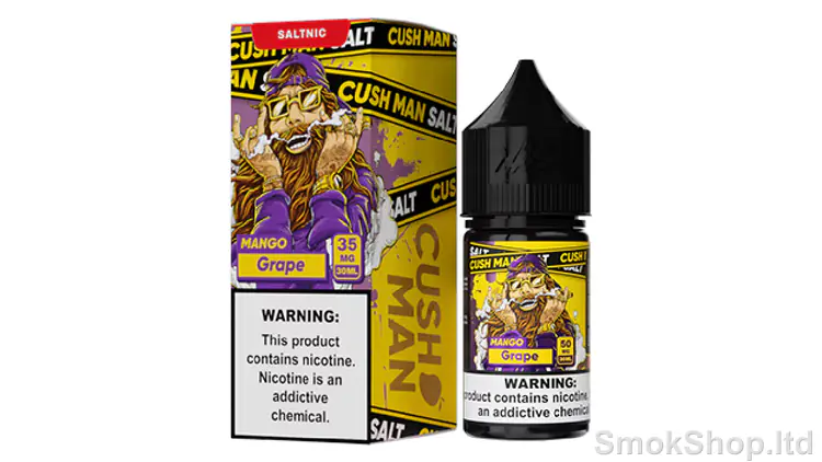 Nasty Juice Cush Man Mango Grape Salt 30 ml - mango ve üzüm aromalı Cush Man salt likit kutusu ve 30 ml şişesi