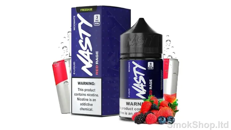 Nasty Juice Red Rage 60ml - karışık meyve ve enerji içeceği aromalı ModMate Red Rage freebase 60 ml kutusu ve şişesi