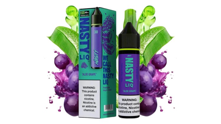Nasty LIQ Aloe Grape 60ml Likit kutusu ve şişesi, aloe vera ve üzüm aroması
