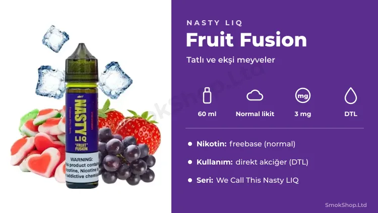 Nasty LIQ Fruit Fusion 60ml Likit özellikleri: 60 ml, normal likit, 3 mg, DTL kullanım