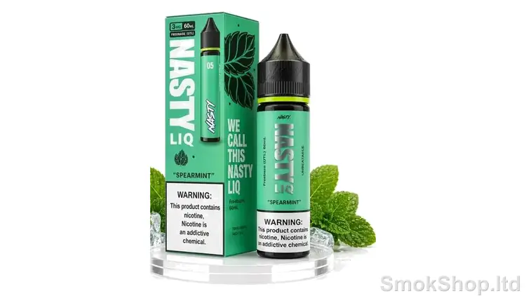 Nasty LIQ Spearmint 60ML - 60 ml freebase kutusu ve şişesi, nane yaprakları