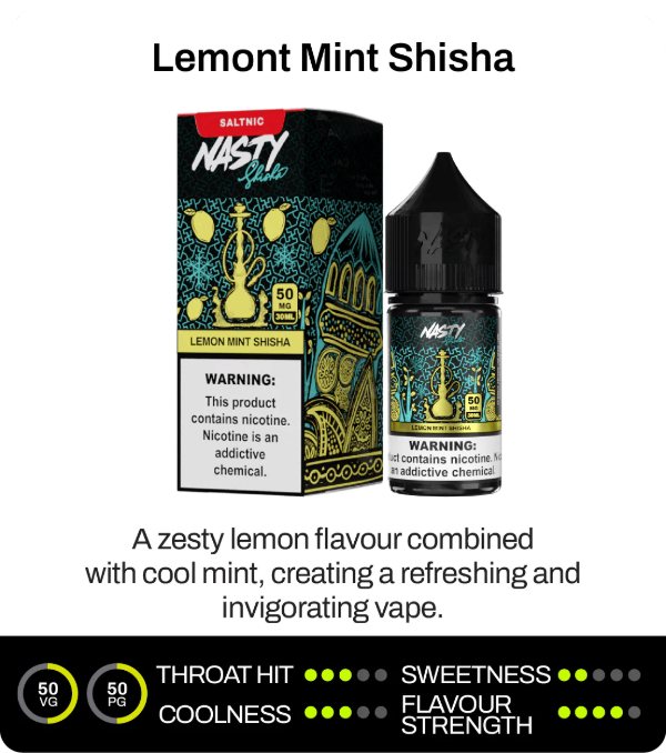 Nasty Shisha Lemon Mint Salt Likit 30ml resmi tat kartı: limon ve nane, 50VG/50PG, boğaz vuruşu, tatlılık, serinlik ve aroma yoğunluğu