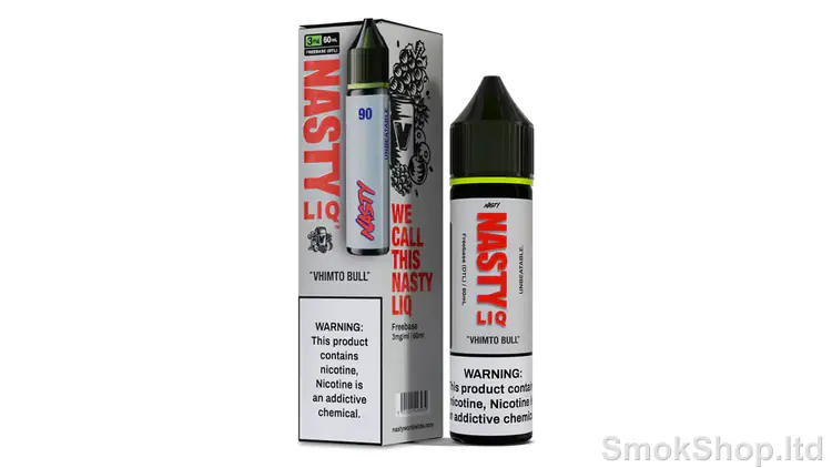 Nasty Vimto Bull 60 ml Likit - üzüm ve kırmızı meyveli enerji içeceği aromalı Nasty LIQ Vhimto Bull 60 ml freebase kutusu ve şişesi