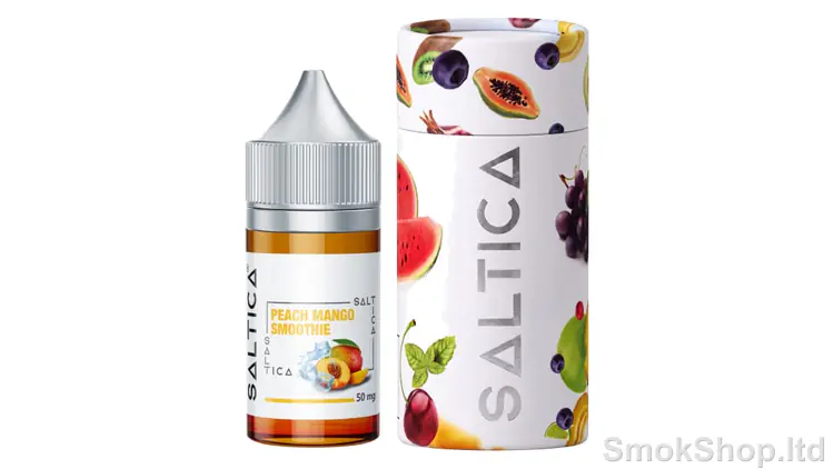 Saltica Peach Mango Smoothie Salt Likit 30ml - 30 ml şişe ve meyve desenli Saltica kutusu
