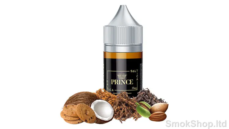 Saltica Prince Salt Likit 30ml - hindistan cevizi, kurabiye, badem ve tütün yapraklarıyla 30 ml şişe
