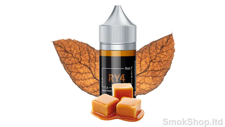 Saltica RY4 Salt Likit 30ml - kurutulmuş tütün yaprakları ve karamel küpleriyle 30 ml şişe