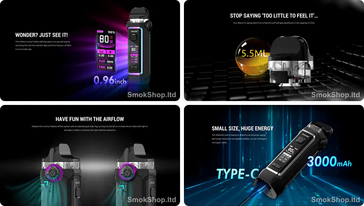 Smok IPX 80 - 0.96 inç ekran, 5.5ml pod, ayarlanabilir hava akışı ve 3000mAh pil