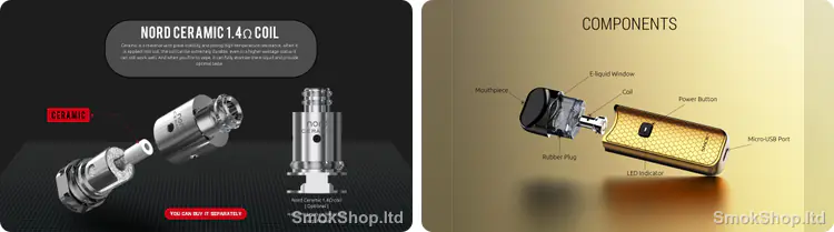 SMOK Nord Coil - Nord Ceramic 1.4Ω coil ve Nord cihazında kartuş ile coilin yerleşimi