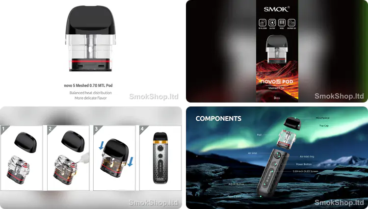Smok Novo 5 Kartuş - Meshed 0.7Ω pod, üstten dolum adımları ve 3'lü kutu