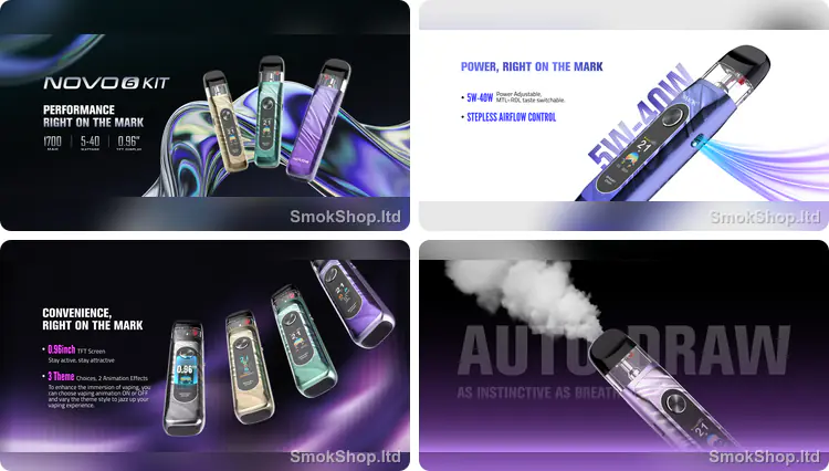 SMOK Novo 6 - 1700mAh, 5-40W güç ve kademesiz hava akışı, 0.96 inç TFT ekran ve otomatik çekiş