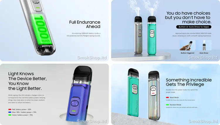 Smok Novo Master - 1000mAh dahili pil, düğme veya çekişle kullanım, LED pil göstergesi ve iki güç modu