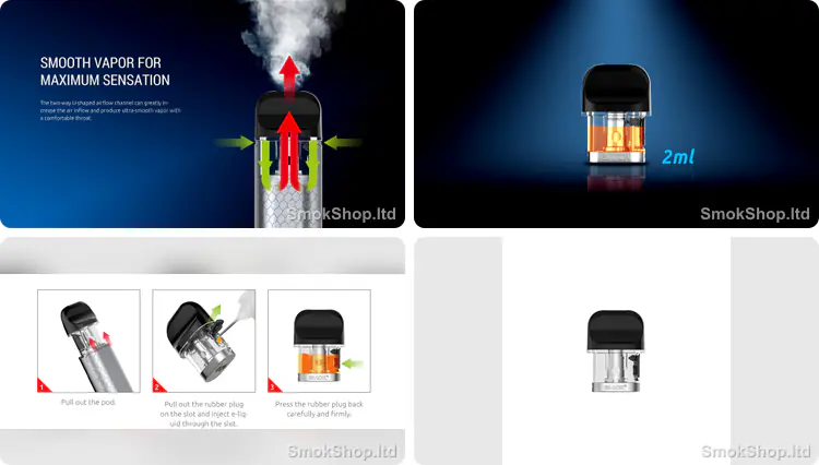Smok Novo X Kartuş - çift yönlü U hava kanalı, 2ml kapasite, yandan dolum ve pod görünümü