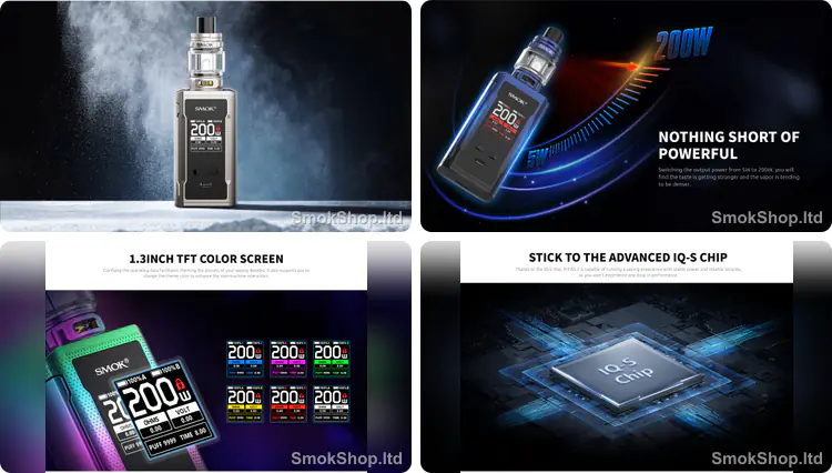 SMOK R-KISS 2 - kompakt mod tasarımı, 200W maksimum güç, 1.3 inç TFT renkli ekran ve IQ-S çip
