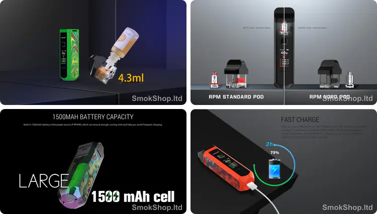Smok RPM 40 - 4.3ml yan dolum pod, RPM ve Nord coil uyumlu podlar, 1500mAh batarya ve hızlı şarj