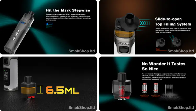Smok RPM 5 - kademesiz hava akışı, kaydırmalı üstten dolum, 6.5ml pod ve RPM 3 mesh coil