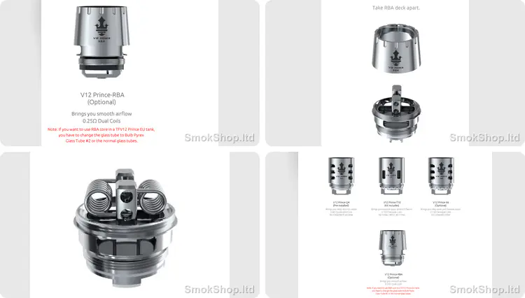 SMOK TFV12 RBA (V12 Prince-RBA) - 0.25 ohm çift coil, sökülebilir RBA tabla, hazır sarılmış coil ve V12 Prince coil ailesi