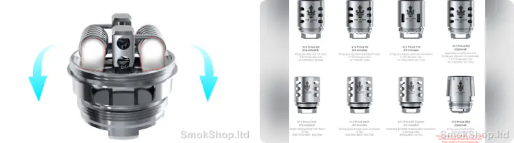 SMOK TFV12 RBA - pamuk yerleştirilmiş çift coilli RBA tabla ve V12 Prince coil seçenekleri