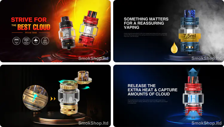 Smok TFV18 Atomizer - yoğun bulut performansı, 7,5 ml kapasite, çocuk kilitli üst kapak ve alttan üste hava akışı