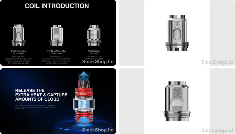 Smok TFV18 Coil - TFV18 Meshed 0.33Ω ve Dual Meshed 0.15Ω coil, coil tanıtımı ve TFV18 tankta alttan üste hava akışı