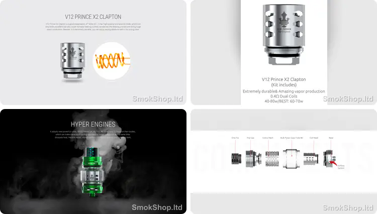 Smok V12 Prince X2 Clapton Coil - 0.4 ohm çift clapton sargı, 40-80W değerleri ve TFV12 Prince tank parçaları