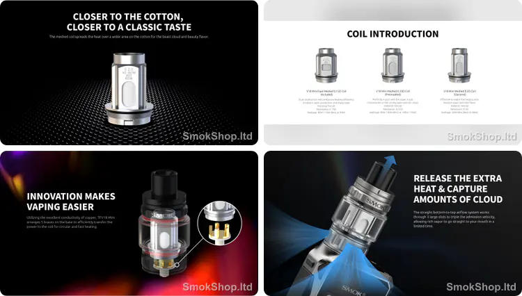 SMOK V18 Mini Coil - mesh coil yapısı, 0.15Ω / 0.33Ω / 0.2Ω seçenekleri, bakır kontaklı taban ve TFV18 Mini tankta hava akışı