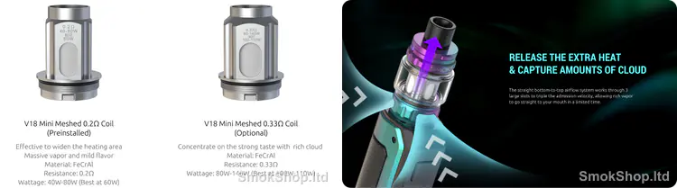 SMOK V18 Mini Coil - V18 Mini Meshed 0.2Ω ve 0.33Ω coil, TFV18 Mini tankta alttan üste hava akışı