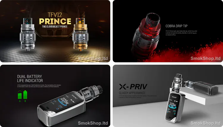 SMOK X-Priv - TFV12 Prince tank, Cobra damlama ucu, çift pil göstergesi ve parlak cam görünüm