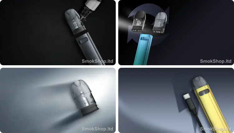 Uwell Caliburn A2S - yandan likit dolumu, Caliburn A2 kartuş uyumu, şeffaf kartuş ve Type-C şarj