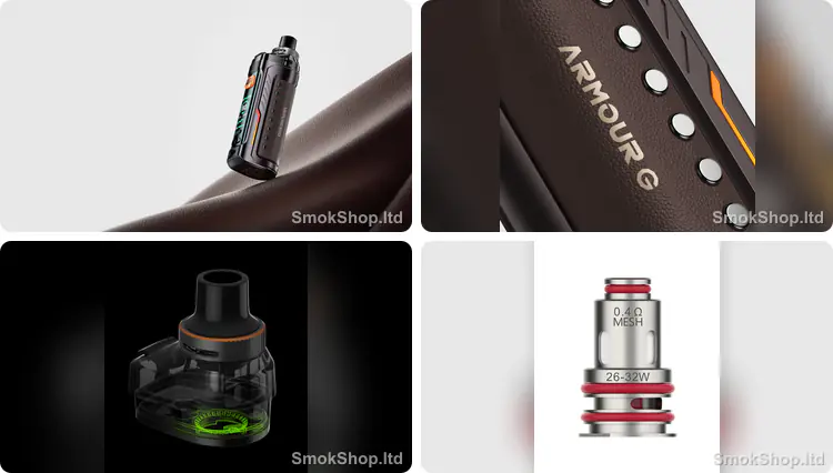Vaporesso Armour G - ergonomik tasarım, deri kaplama detayı, kartuş ve GTX 0.4Ω mesh coil