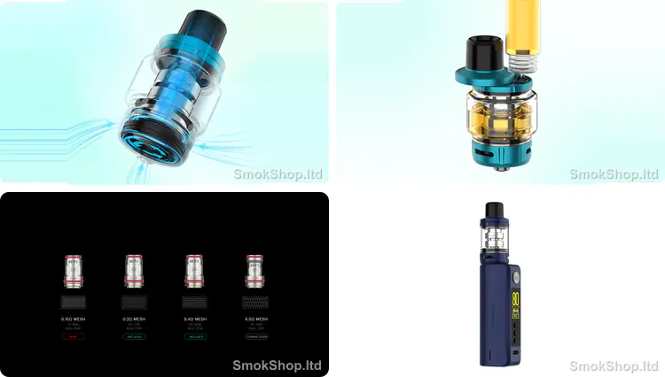 Vaporesso Gen 80 S - iTank Turbo hava akışı, kaydırmalı üstten doldurma, GTi mesh coil serisi ve Midnight Blue renk