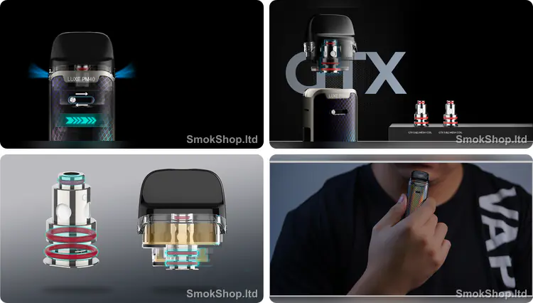Vaporesso Luxe PM40 - ayarlanabilir hava akışı, GTX mesh coil uyumu, sızdırmaz coil ve kartuş yapısı, günlük kullanım