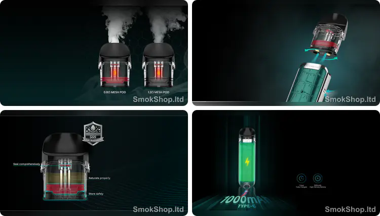 Vaporesso Luxe Q - 0.8 ve 1.2 ohm mesh kartuşlar, ayarlanabilir hava akışı, SSS sızdırmazlık ve 1000mAh pil